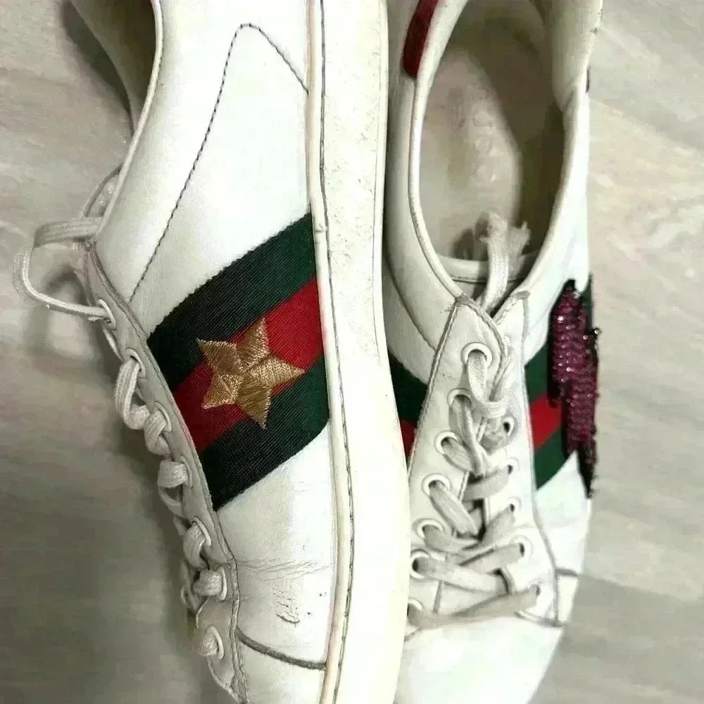 Gucci White Leather Ace Sneakers Lightning Bolt Star Red Green Mens Size 8G